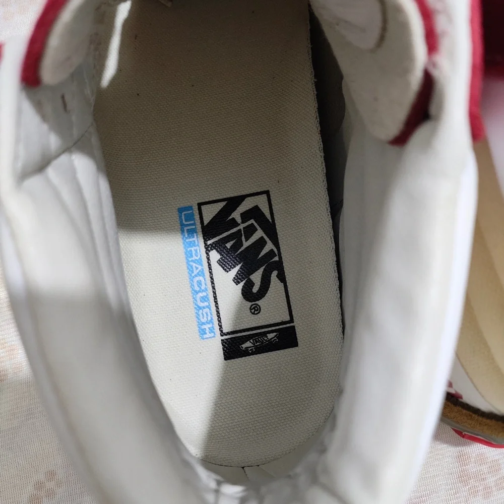 Vans High-Top Sneakers in Red, White, Cream with Brown Heel